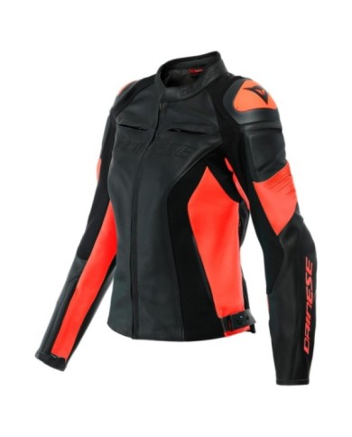 Dainese Femmes Veste en cuir Racing 4 noir-fluo rouge