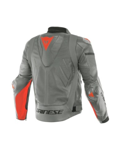 Dainese Cuir veste perf. SUPER RACE gris-rouge fluo